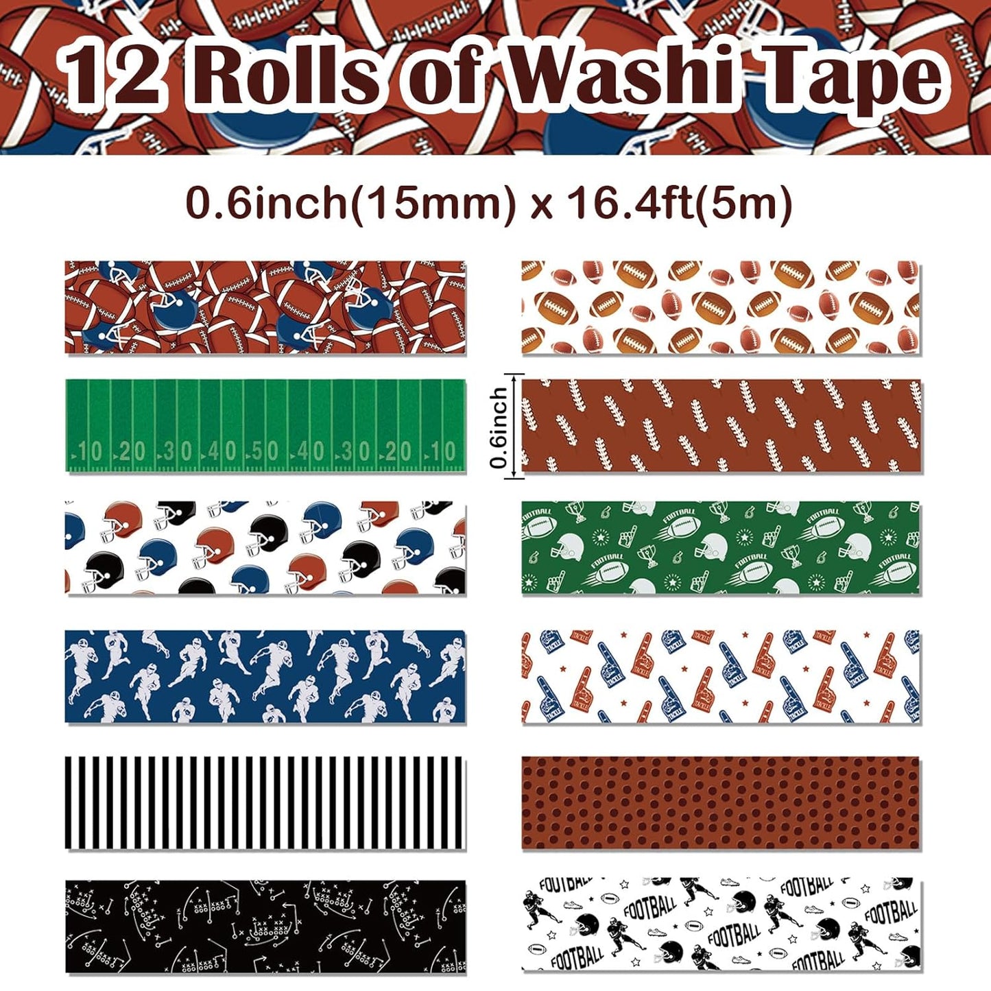 12 Rolls Football Washi Tape Sports Rugby Masking Tape Sport Decorative Tape for Scrapbook Journaling DIY Art Craft Party Decor Gifts Wrapping 16.4FT