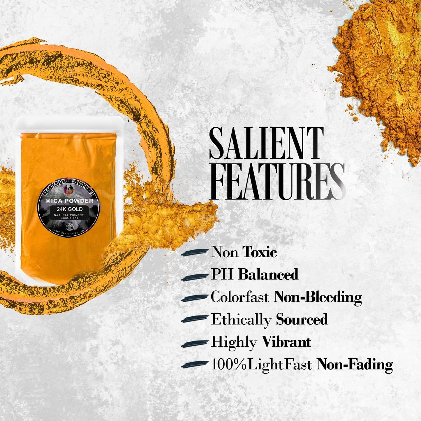 24K Gold Mica Powder Epoxy Resin, 100g/3.5oz Sealed Bag – TECHAROOZ Color Pigment for Lip Gloss, Soap Colorant for Soap Making, Gold Powder for Kintsugi Pottery, Metallic Epoxy, Slime Dye