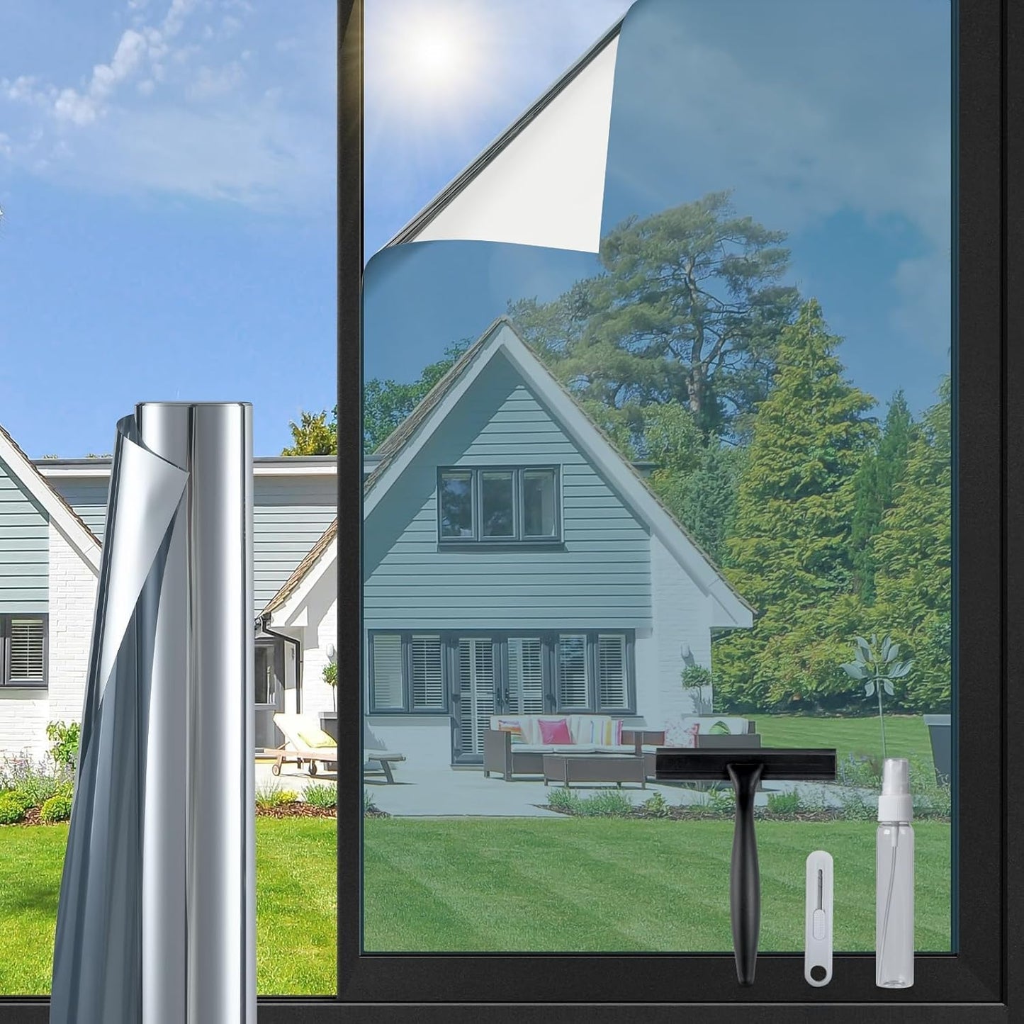 DOWELL One Way Window Privacy Film with 3 Tools Window Tint for Home Sun Blocking Heat Control Anti UV Reflective Mirror Covering See Out Not in for House and Office Silver 35.4" X 78.7"