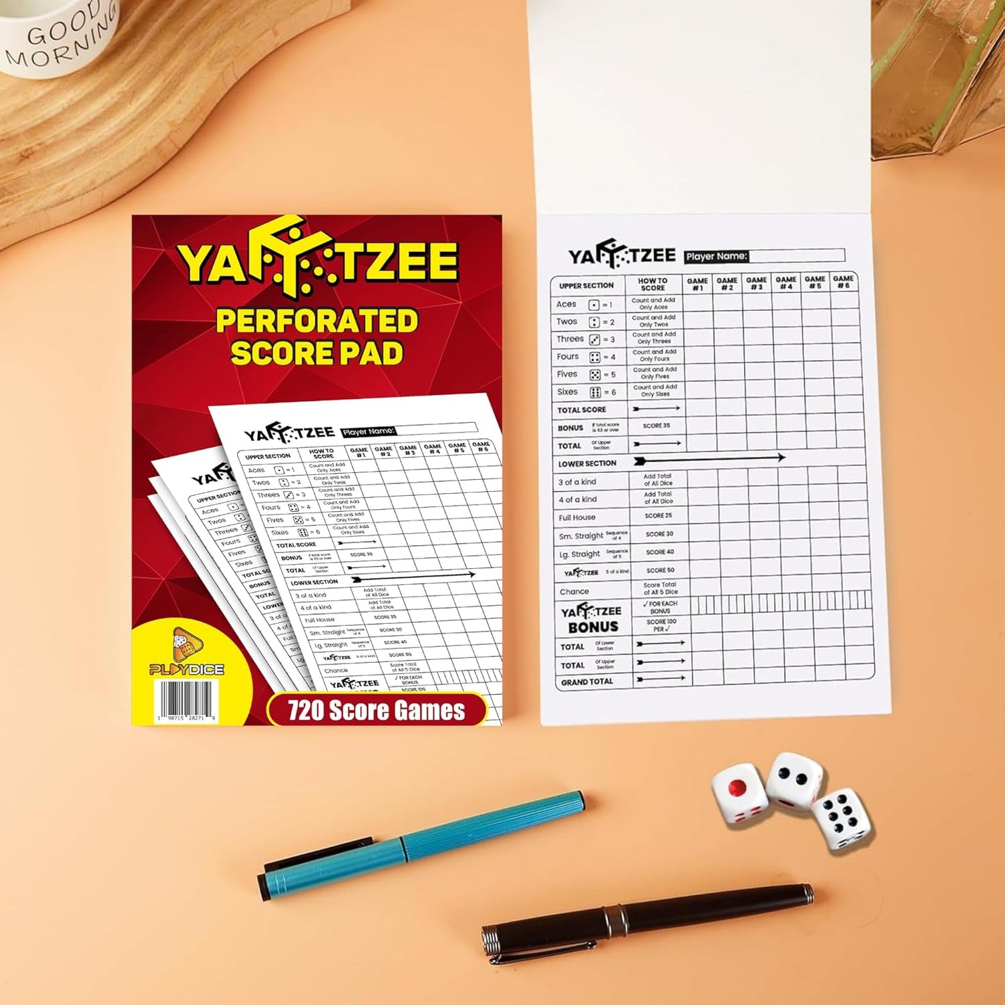 PlayDice Perforated Yahtzee Score Pads: 120 Easy Tear Off Score Sheets, Large Print, Compatible with Yardzee and Yahtzee Games (6x9-120 Pages)