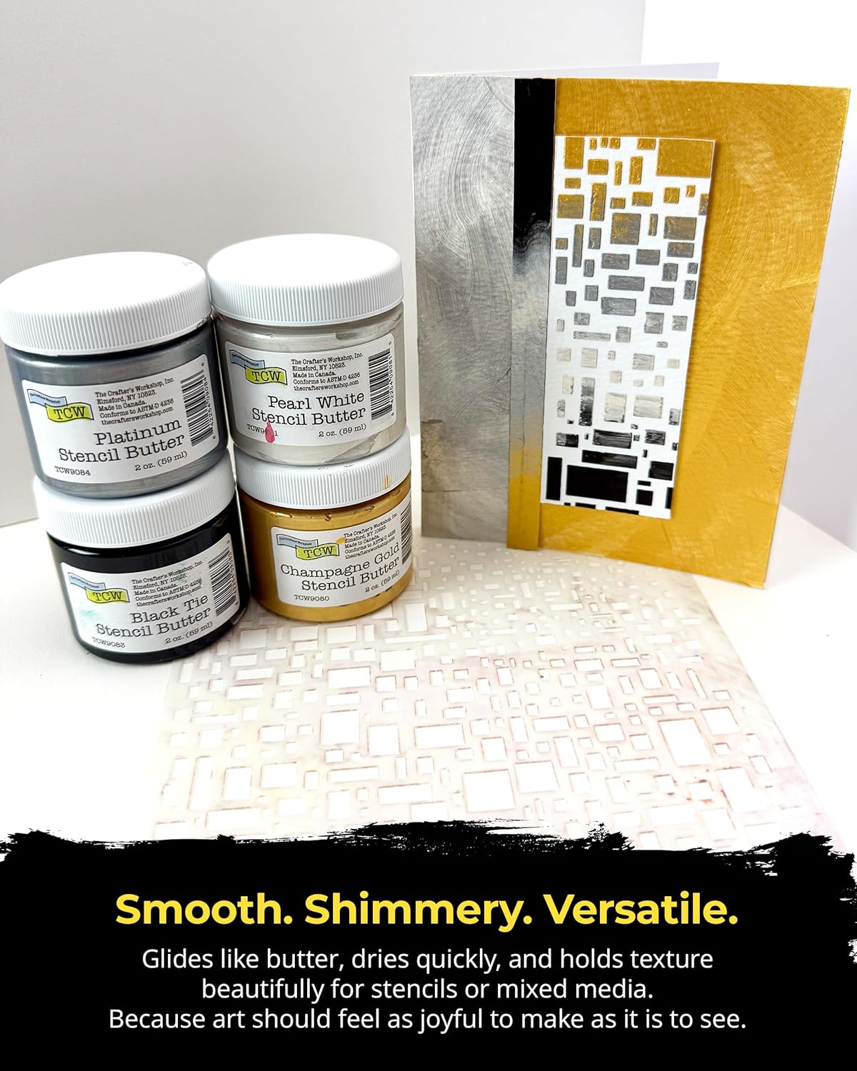 The Crafter's Workshop Stencil Butter - Celebration Acrylic Paint Set - Boutique Metallic Texture Paste for Art, Canvas, Journals, & Cards - 4 x 2oz Jars