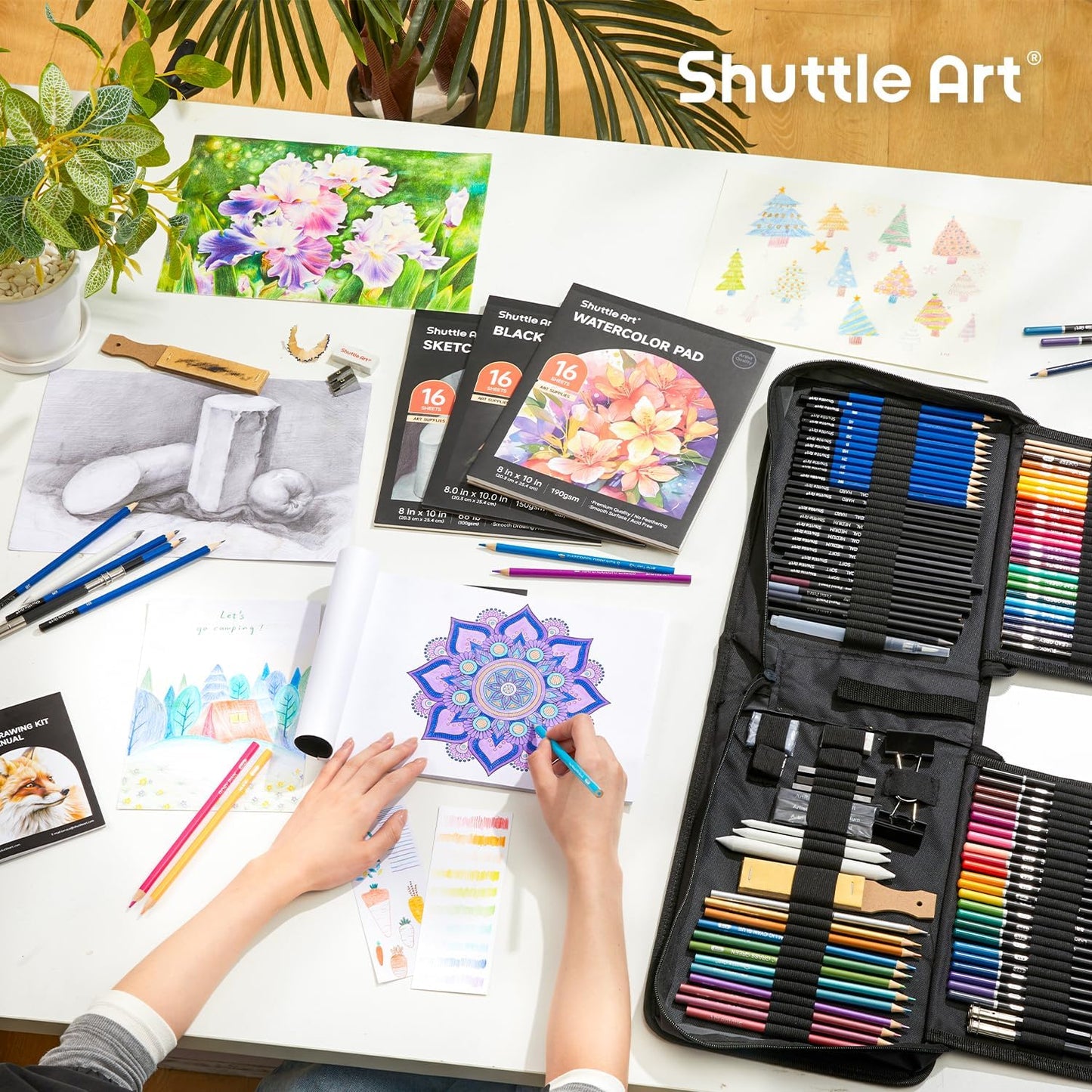 Shuttle Art 116 PCS Drawing Kit, Professional Drawing Supplies with Sketch, Charcoal, Colored, Graphite, Pastel Pencils & Sticks, Complete Drawing Tools and Paper Pads in Zipper Case for Artists&Kids