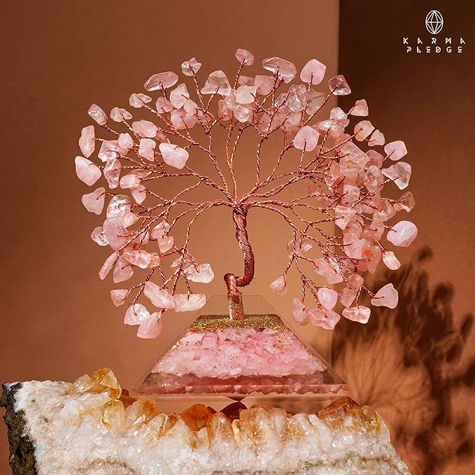 KARMAPLEDGE Rose Quartz Crystal Tree Good Luck Birthday Gifts for Womens, Mom, Home and Office Desk Decor, Pyramid Base Reiki Healing Stones & Chakra Tree of Life for Positive Energy, Money, Sucess