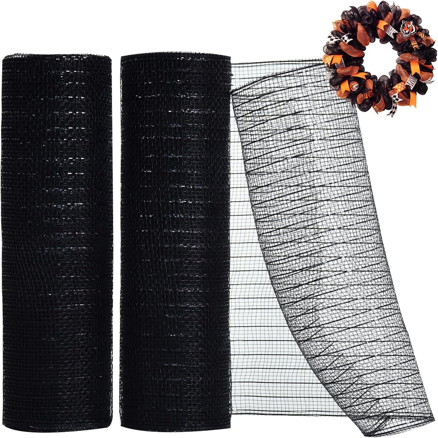 TONIFUL 2 Rolls 10 Inch Black Decorative Mesh Ribbbon Rolls, Fabric Mesh with Foil for Wreath Supplies, Front Door Wreath Crafts Tree Decor Christmas NewYears Halloween Decoration (10 yds/roll)