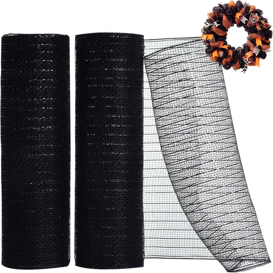 TONIFUL 2 Rolls 10 Inch Black Decorative Mesh Ribbbon Rolls, Fabric Mesh with Foil for Wreath Supplies, Front Door Wreath Crafts Tree Decor Christmas NewYears Halloween Decoration (10 yds/roll)
