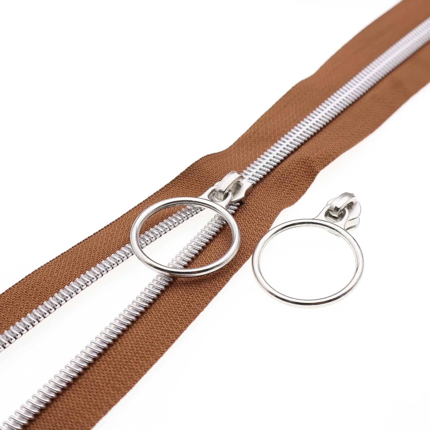 Leekayer #5 Silver Metallic Nylon Coil Zippers by The Yard Bulk 10 Yards Brown Zipper Tape with 25pcs Silver Ring Pull Sliders for DIY Sewing Tailor Craft Bag(Brown)