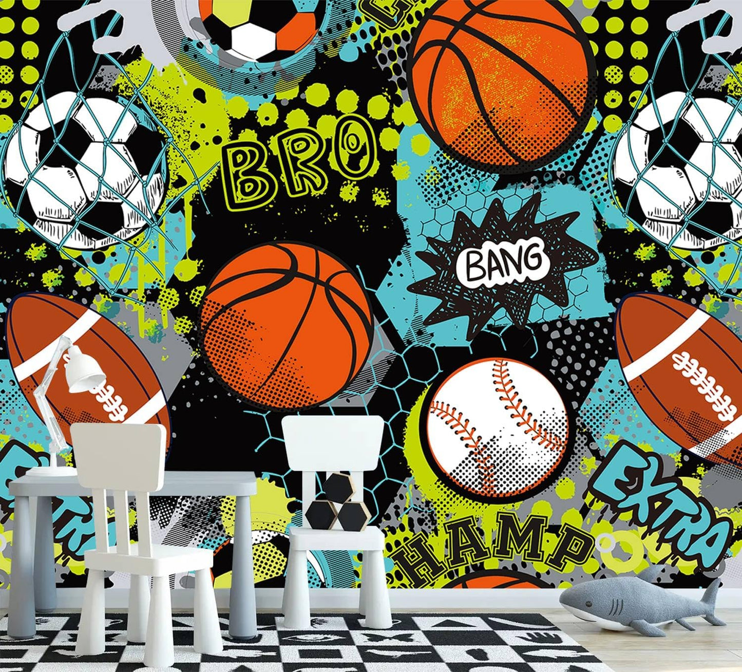 AFZEVEB-Colorful Graffiti Wallpaper Hand-Painted Ball Wall murals for Kids Room 136"x96"(Not Peel and Stick)