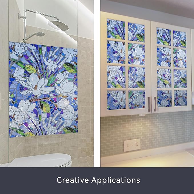 DKTIE Magnolia Pattern Stained Glass Window Film Floral Decorative Window Privacy Film with Rainbow Effect Front Door Bathroom Room Decor (S677, 17.7in X 78.7in)