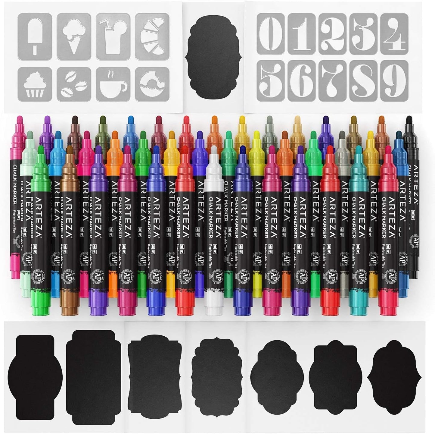 ARTEZA Liquid Chalk Markers, 42 Colors Pack with 50 Chalkboard Labels, Fine Tip Chalk Pens for Blackboard, Whiteboard, Windows, Mirrors, Glass