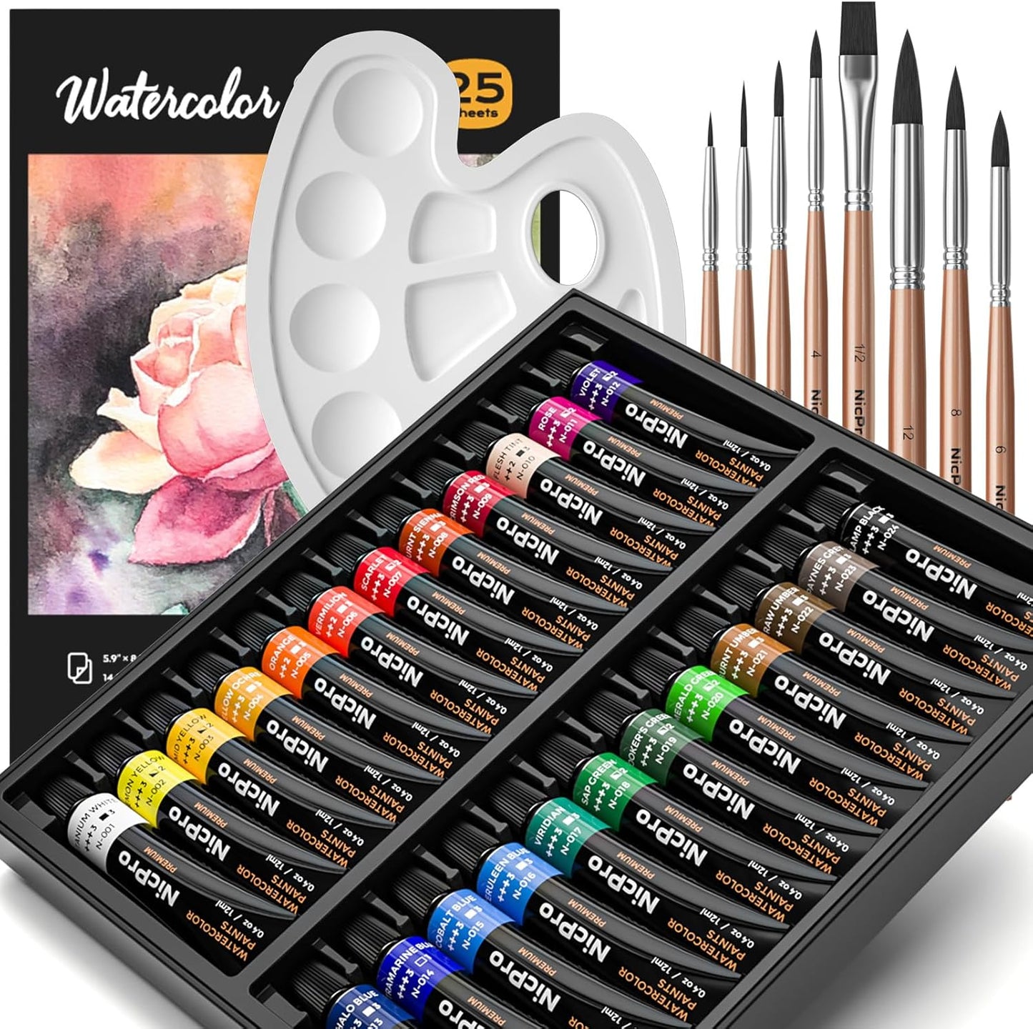 Nicpro 60 PCS Watercolor Paint Set for Adults, Beginner & Artists, 24 Tubes Water Color Paint Kit with 25 Watercolor Paper, 8 Squirrel Paint Brushes, Palettes, Color Wheel, Art Painting Supplies