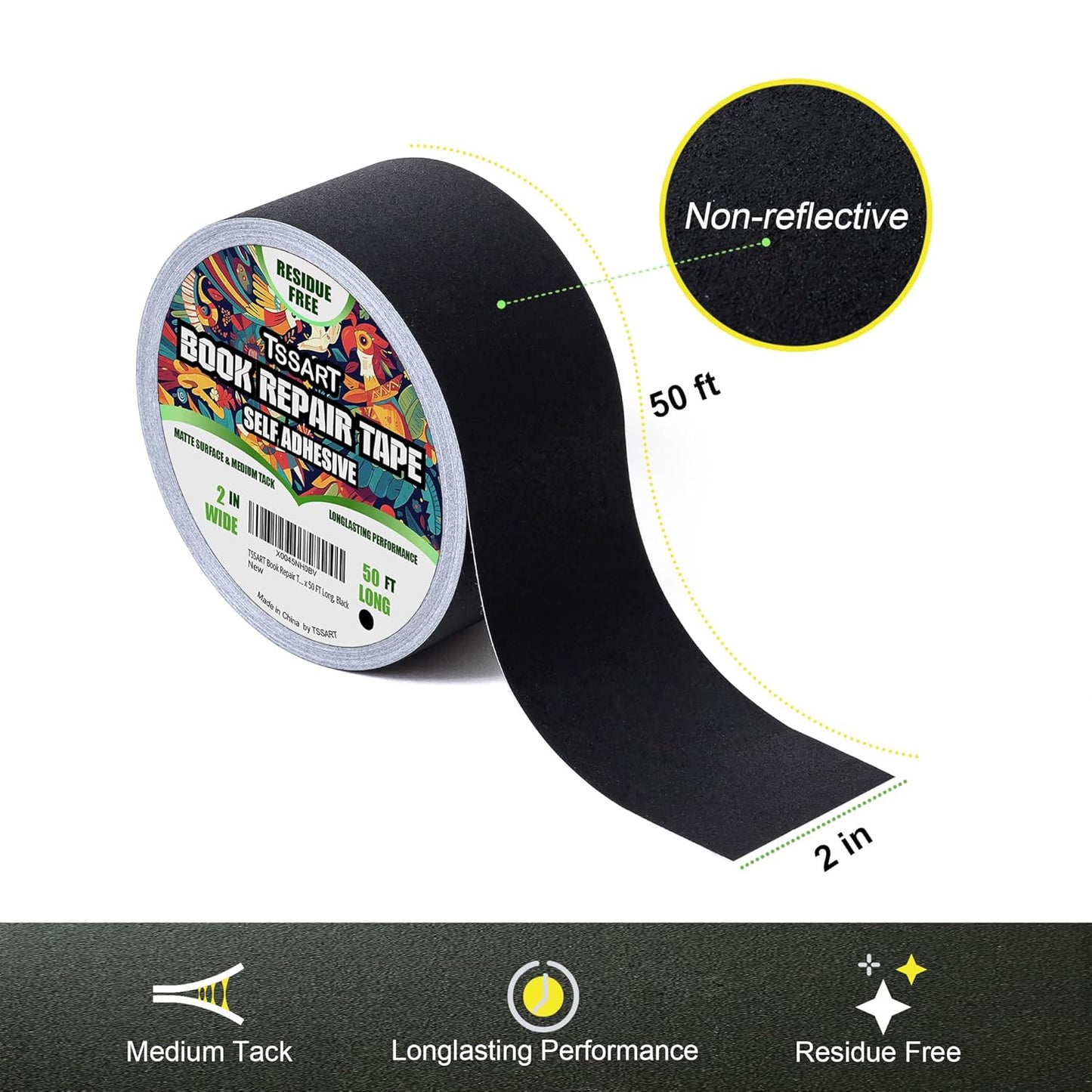 Book Repair Tape - Self Adhesive Matte Book Binding Tape for Reinforcing Protecting, and Covering Mending Books Old Books - 2 Inch Wide x 50 FT Long, Black