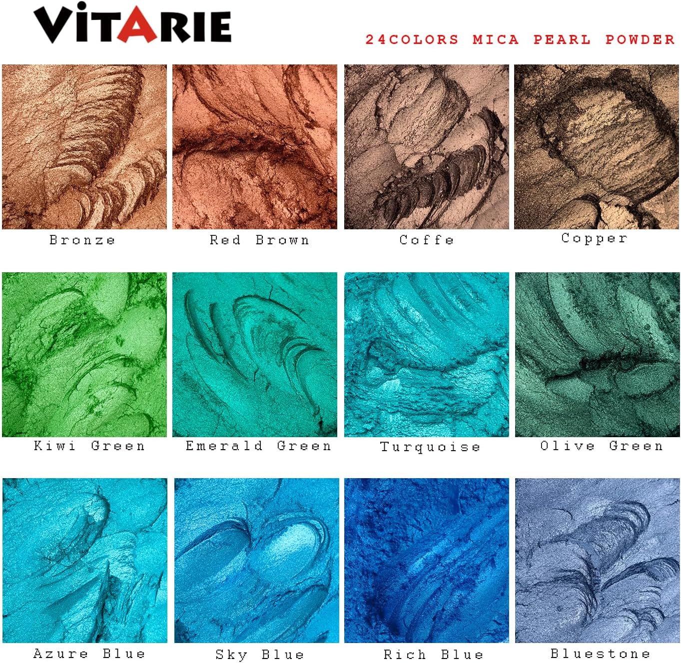 Mica Powder for Lip Gloss, Nails, Epoxy Resin, Soap Making, Bath Bombs, Art Crafts, 24 Colors, 10ml (0.11oz) Each, Neat Jar Set