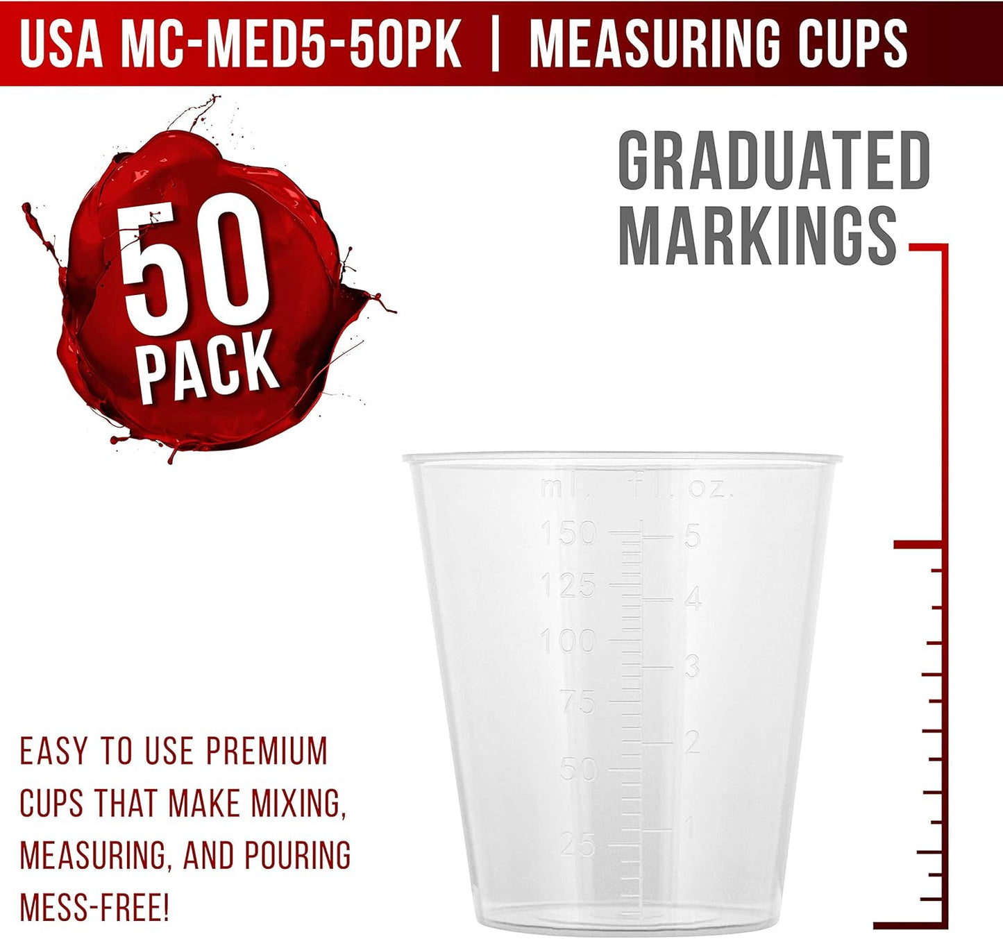 Pouring Masters 5 Oz (150 ml) Liquid Measuring Cups - Plastic Graduated Cup (50 Pack) with 25 Sticks - Reusable Mixing Cups for Paint, Craft, Kitchen, Lab, Medical Supplies, Epoxy Resin, Art