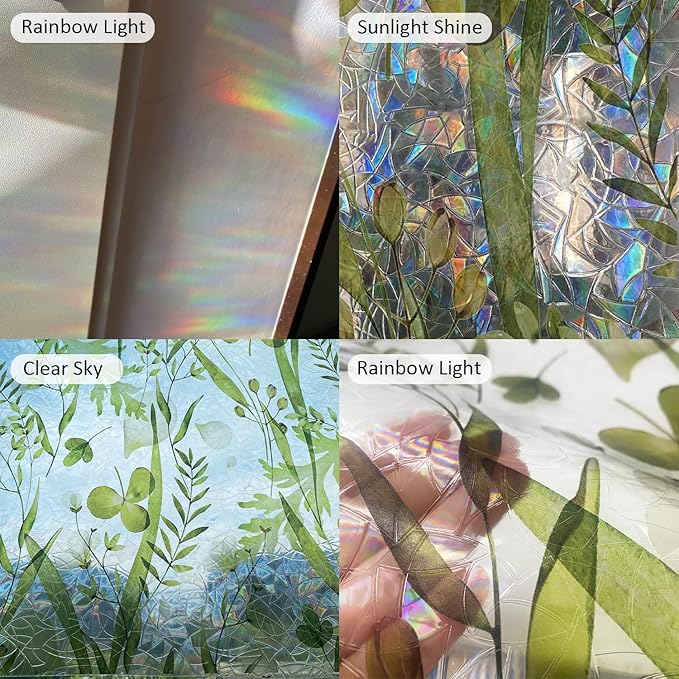 Rainbow Watercolor Green Leaves Window Film, Privacy Iridescent Static Cling Double-Sided Decals for Window Door Glass Decor, Herbs, 118.11" x 29.52"
