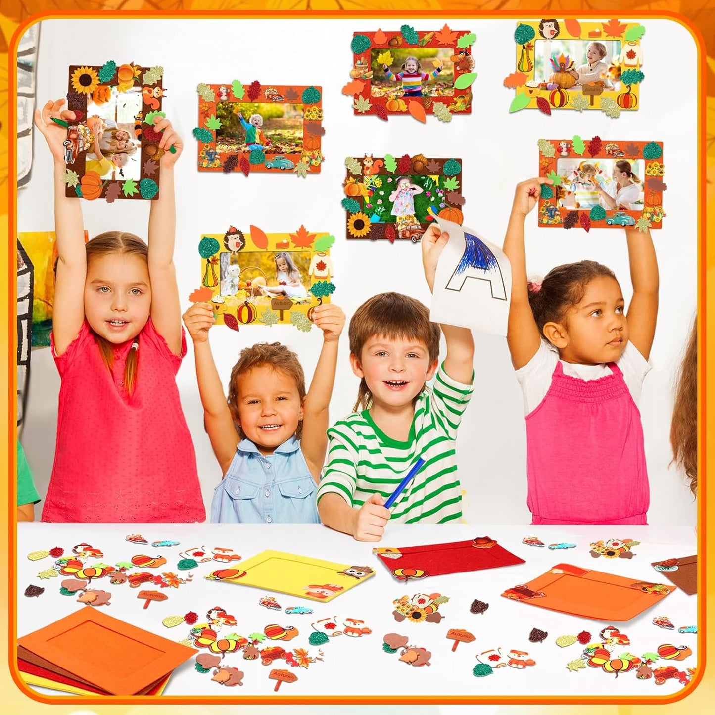 Ferraycle 232 Pcs Fall DIY Picture Frames Craft Kit Thanksgiving Felt Photo Frames with Leaves Pumpkin Harvest Crafts with Foam Stickers for Autumn Party Favor(Multi Color,Classical)