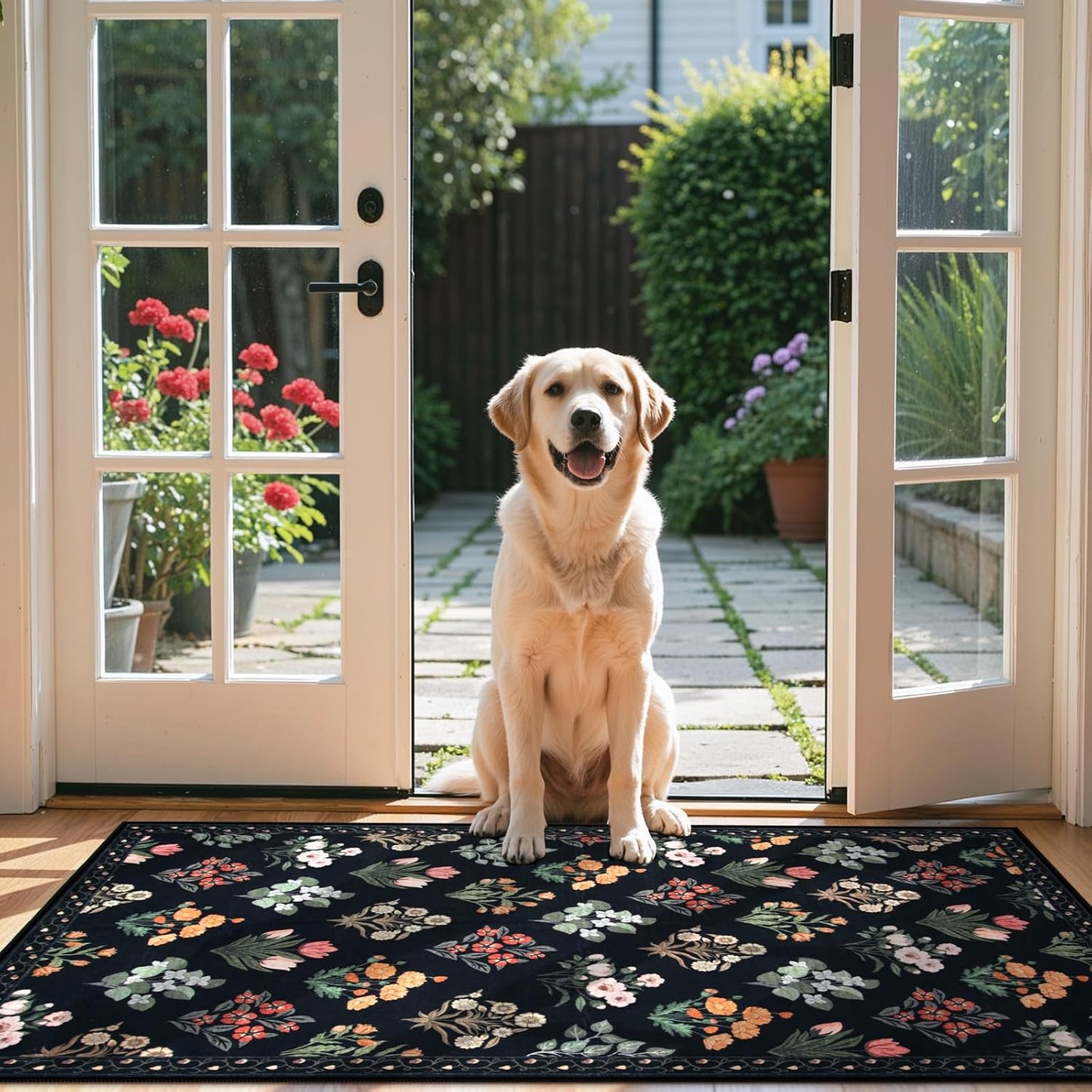 Wonnitar Washable 3x5 Area Rug, Floral Print Rugs for Entryway Indoor, Stain Resistant Moroccan Trellis Small Throw Carpet for Kitchen Laundry Dorm Office, Black/Multi