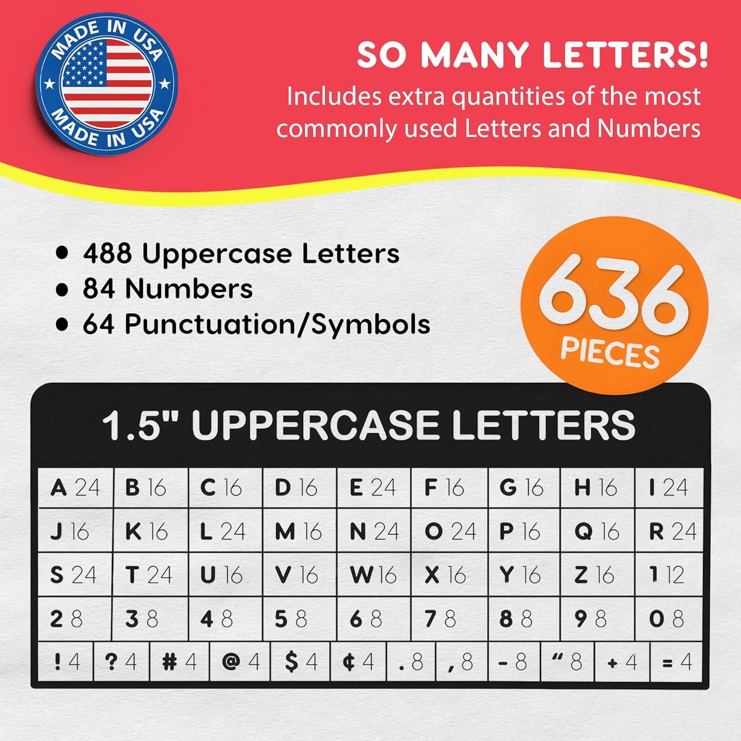 FreshCut Crafts 636 Pcs 1.5 in. Bright Bulletin Board Letters & Numbers, Capital Alphabet Letters, Numbers, Punctuation, US Made Card Stock Punch Outs for Posters, Bulletin Boards, Classroom