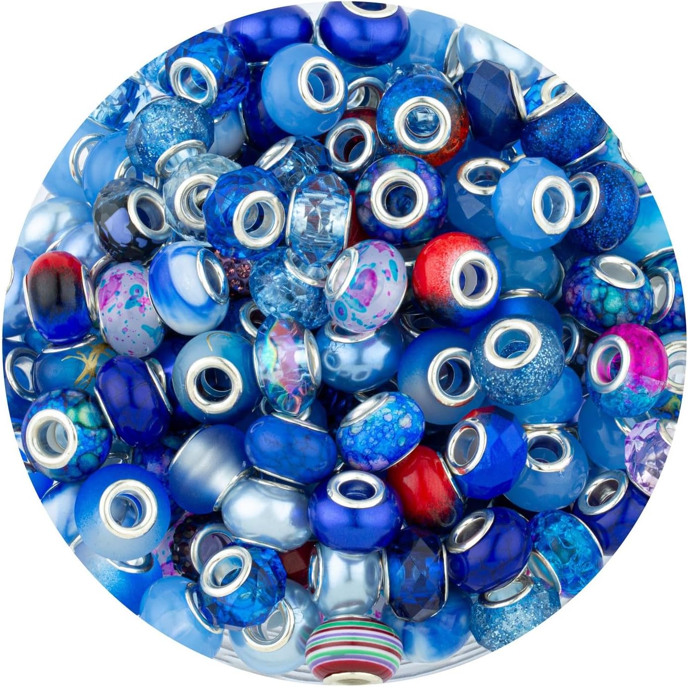 LAIDANLA Blue Mix Large Hole Beads，100pcs 15mm European Large Hole Beads Bulk for Bracelet Pens Jewelry Making Spacer Charms Craft Beads Decoration