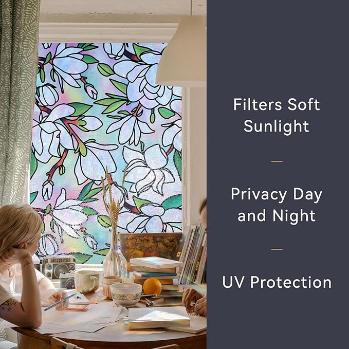 DKTIE Magnolia Pattern Stained Glass Window Film Floral Decorative Window Privacy Film with Rainbow Effect Front Door Bathroom Room Decor (S678, 17.7in X 78.7in)