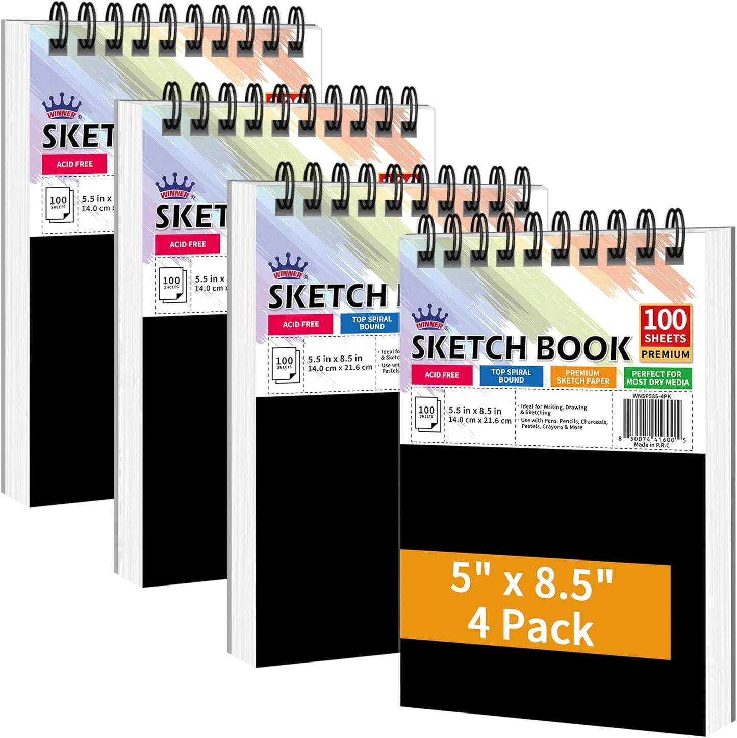 WINNER 5.5" x 8.5" Sketch Book, 4-Pack 400 Sheets Spiral Bound Art Sketchbook, 68lb/100gsm White Acid Free Drawing Pad, Painting Drawing Writing Sketch Pad for Kids, Adults, Teens, Girls & Boys