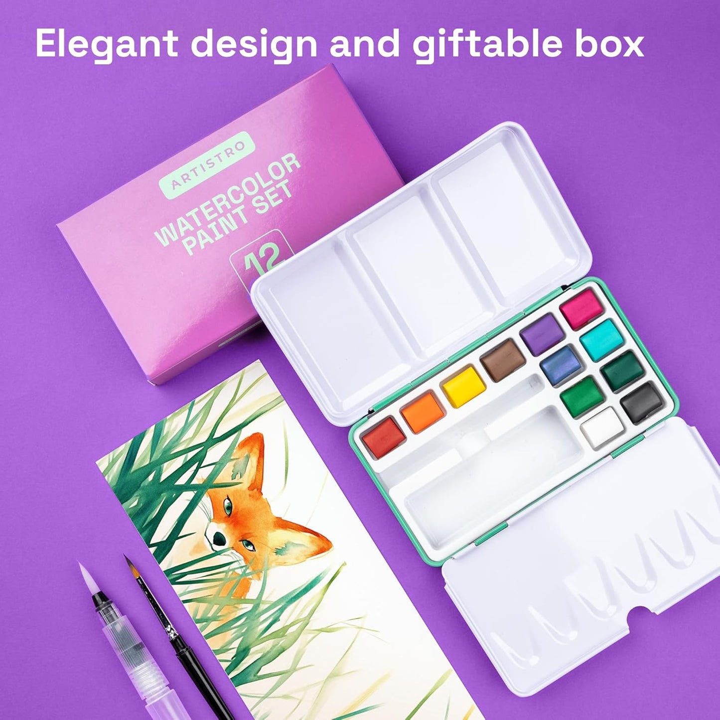 ARTISTRO Watercolor Paint Set in 12 Colors - Travel Watercolor Set with Metal Case & Bright Watercolors - Portable Set for Beginners & Amateur Artists