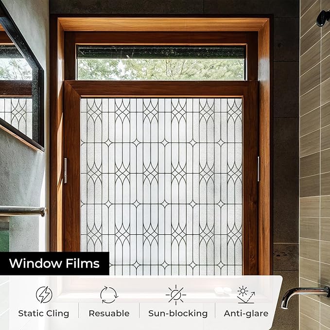 Window Privacy Film, Stained Glass Decorative Static Cling, Removable Sun Blocking Vinyl Covering,Window Film for Home Kitchen Living Room, Dusseldorf, 17.3" x 78.7"
