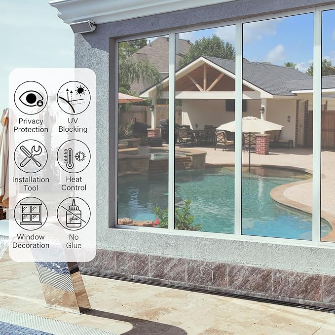 Kromapolis One Way Window Privacy Film Reflective Mirror Home Window Tint, Daytime Privacy Heat Control Anti UV Glass Tinting Static Cling (Silver, 23.6 x 157.4 inch)