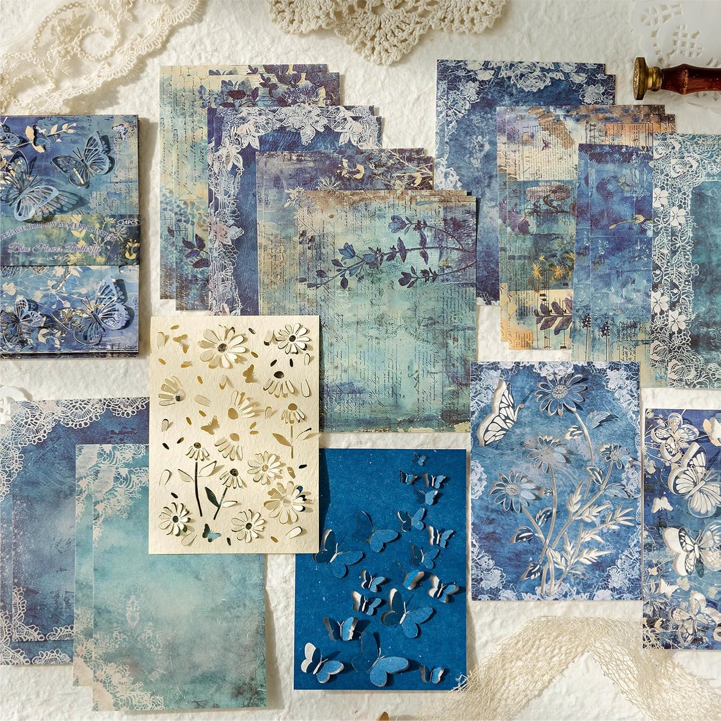 Vintage Butterfly-Themed Scrapbook Paper Set, 144 PCS Including Hollow-Out and Decorative Paper for Junk Journaling, Scrapbooking, DIY Crafts, and Art Supplies