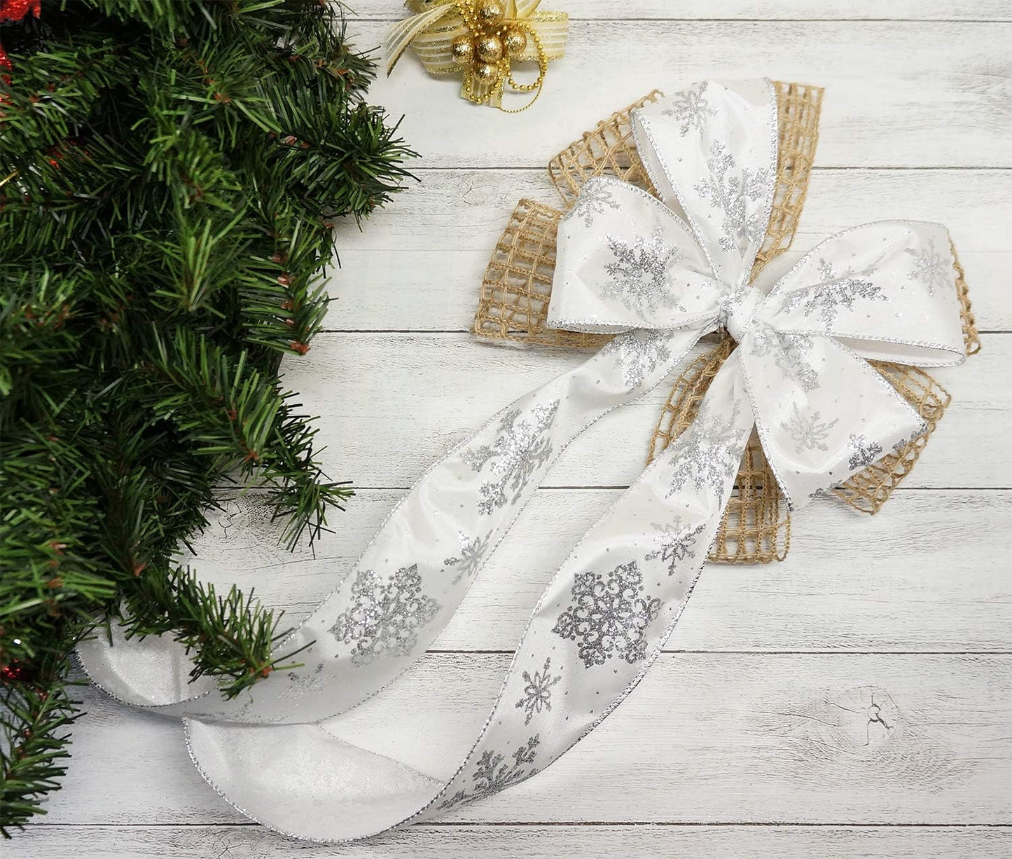 CT CRAFT LLC White Satin with Silver Snowflake Wired Ribbon 2.5 Inch x 10 Yards for Christmas Home Decor Tree Topper Bow Gift Wrapping DIY Crafts Wreath Garland