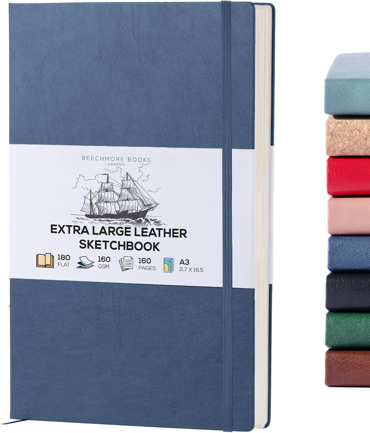 Beechmore Books A3 Sketchbook – 11.7x16.5 Premium Vegan Leather Bound Extra Large Sketch Book Hardcover, 160gsm 160 Perforated Ivory Pages, Blank Sketch Pad, Gift Boxed, Back Pocket, Ribbon Bookmark