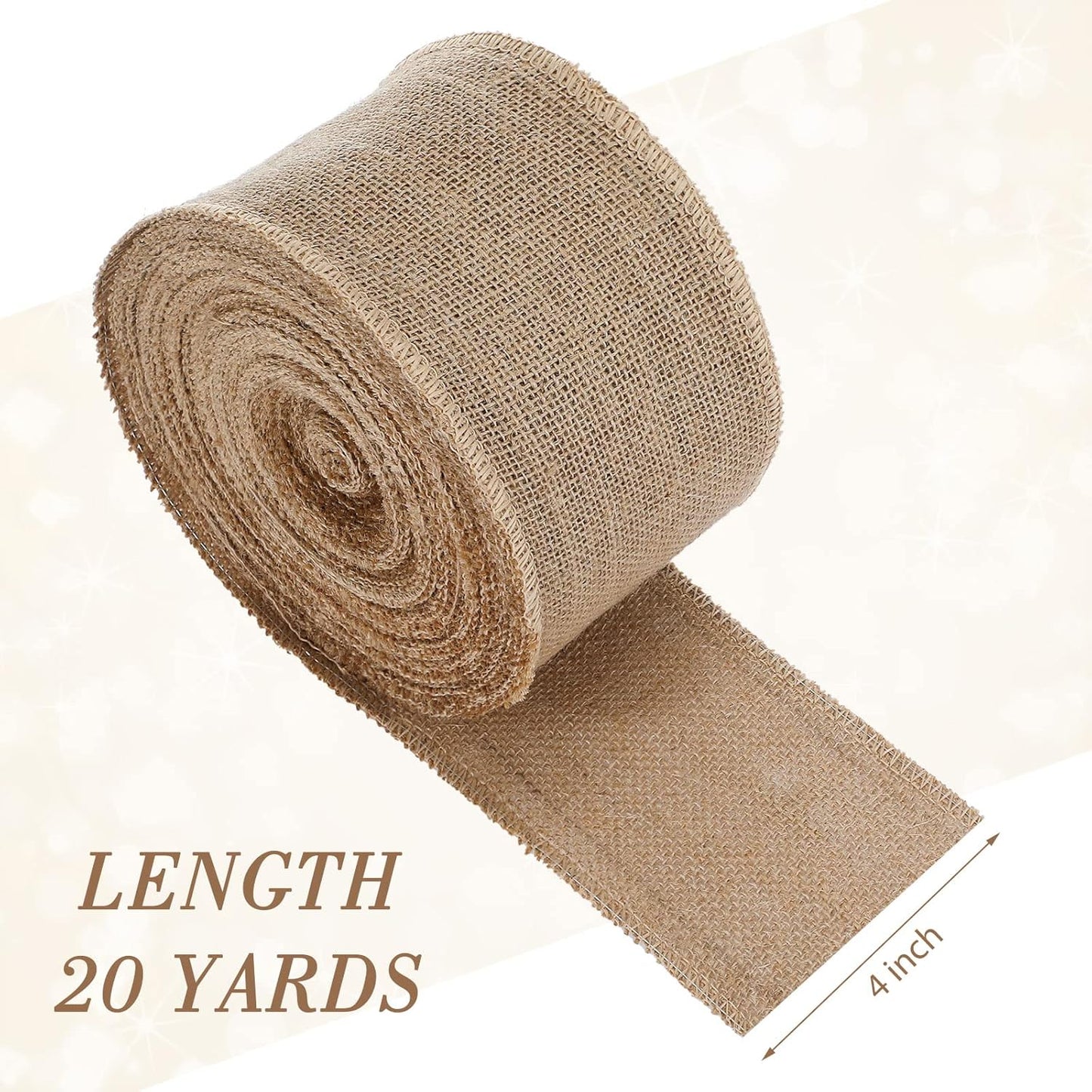 20 Yard 4 Inches Burlap Ribbon Wide Jute Ribbon Natural Burlap Fabric Roll Wired Edge for Wreaths, Christmas Tree Decoration, Big Bow Crafts, Gift Wrapping, Wedding