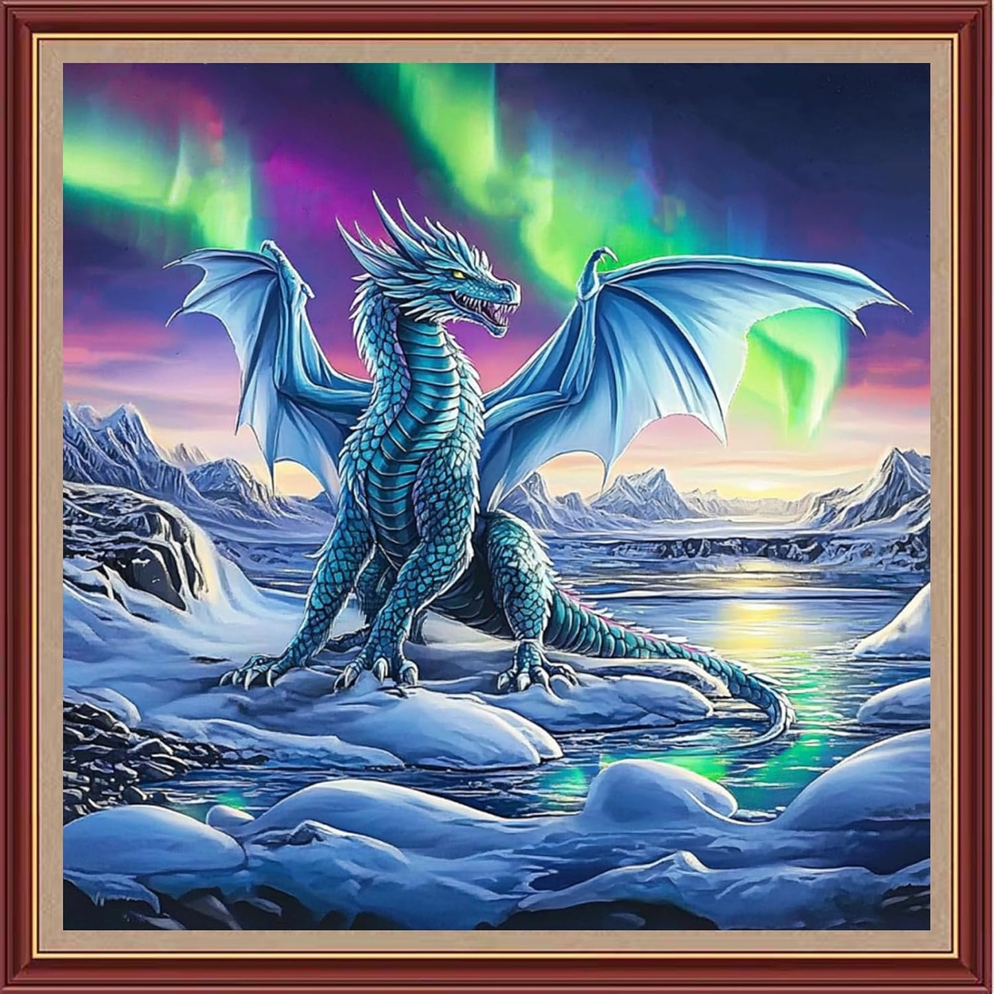 DMCXART Counted Cross Stitch Kits for Adults Needlepoint Kits Unprinted Cross Stitching Embroidery Kit 11CT Cross Stitch Supplies-Northern Lights Snow Dragon 18x18 inch