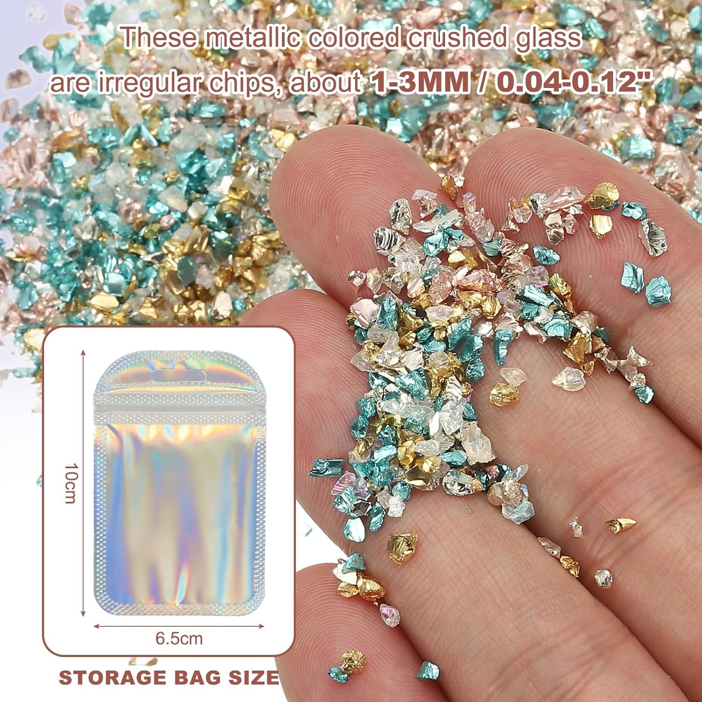 uxcell 6 Colors Crushed Glass Chips, 1-3mm Irregular Glitter Metallic Glass Broken Glasses Pieces with Laser Bag for Craft DIY Vase Epoxy Halloween Decoration 33g, Gold Color Series