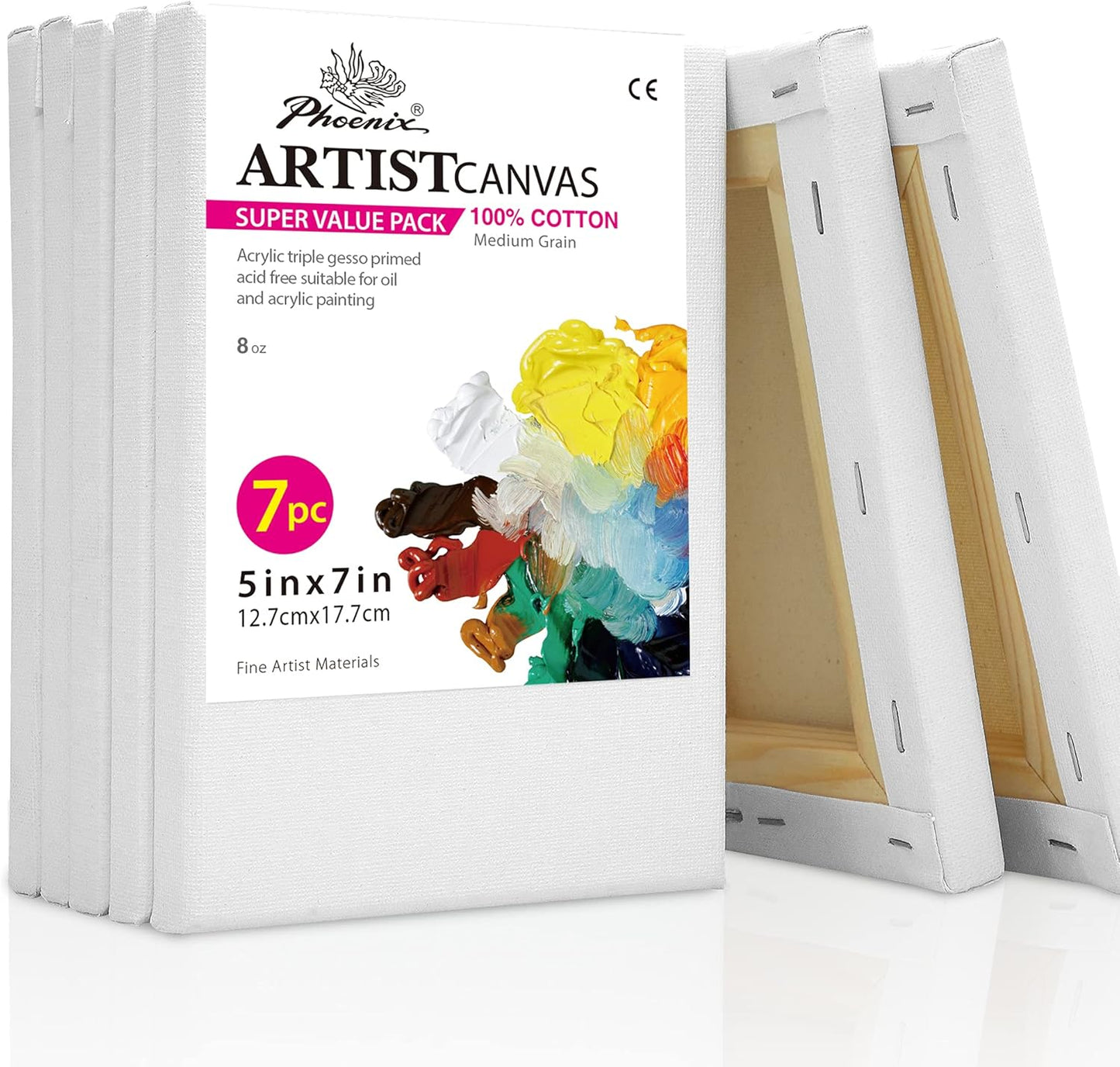 PHOENIX Stretched Canvas for Painting 5x7 Inch/7 Value Pack, 8 Oz Triple Primed 5/8 Inch Profile 100% Cotton White Blank Canvas,Small Framed Canvas for Oil Acrylic & Pouring Art