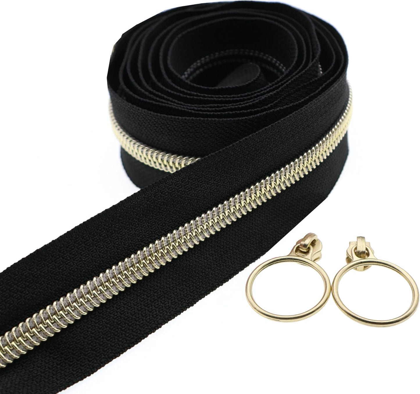 Leekayer #5 Metallic Nylon Coil Zippers by The Yard Bulk 10 Yards Black Zipper Tape with 25pcs Gold Ring Pull Sliders for DIY Sewing Tailor Craft Bag(Black Gold)