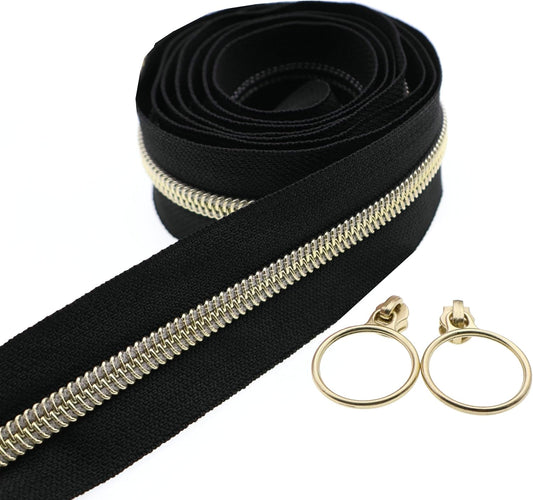 Leekayer #5 Metallic Nylon Coil Zippers by The Yard Bulk 10 Yards Black Zipper Tape with 25pcs Gold Ring Pull Sliders for DIY Sewing Tailor Craft Bag(Black Gold)
