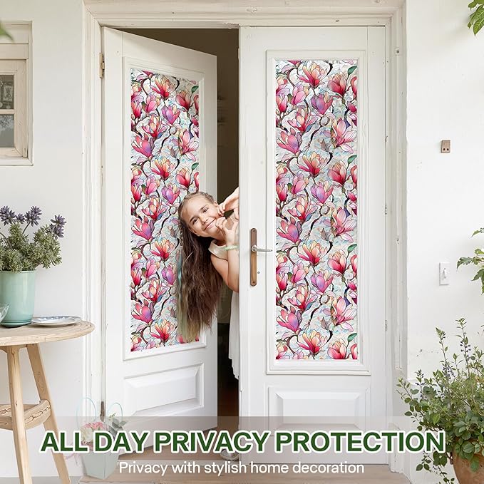 Stained Glass Window Film UV Resistant Window Privacy Film Pink Floral Privacy Rainbow Decals Living Room Bedroom Sun Blocking Decor Removable Static Cling Stickers 17 x 39.37 Inch