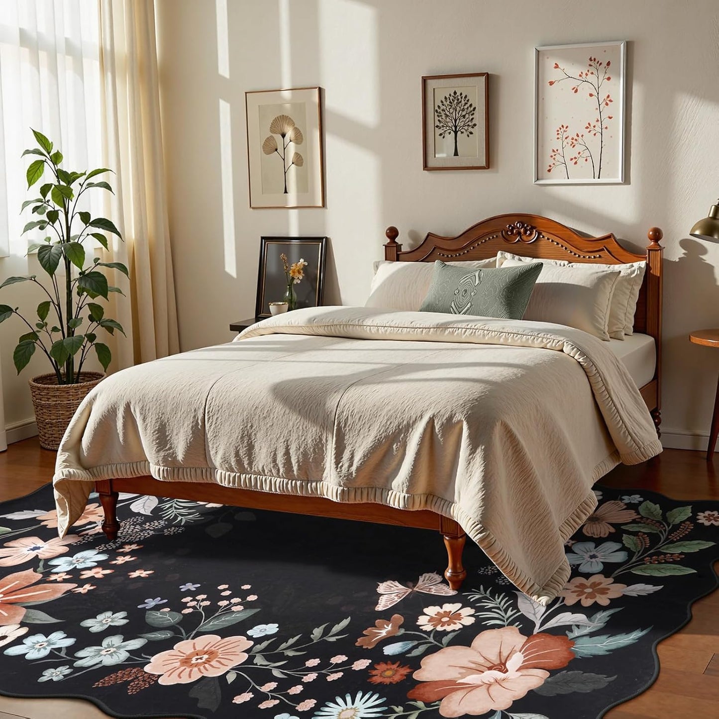 Beeiva Washable Rugs 8x10 for Living Room - Scalloped Floral Printed Soft Non Slip 8 x 10 Area Rug for Dining Room Boho Flower Ultra-Thin Aesthetic Carpet for Kids Room Dorm Office(Black,8x10ft)