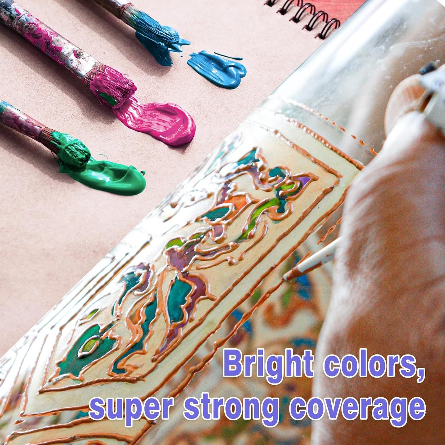 Colorful Acrylic Glass Paint Set with 6 Brushes, 1 Palette, 12 Colors Stain Glass Paints for Wine, Waterproof Acrylic Enamel Paint Kit to Create Translucent Arts on Porcelain, Window & Ceramic