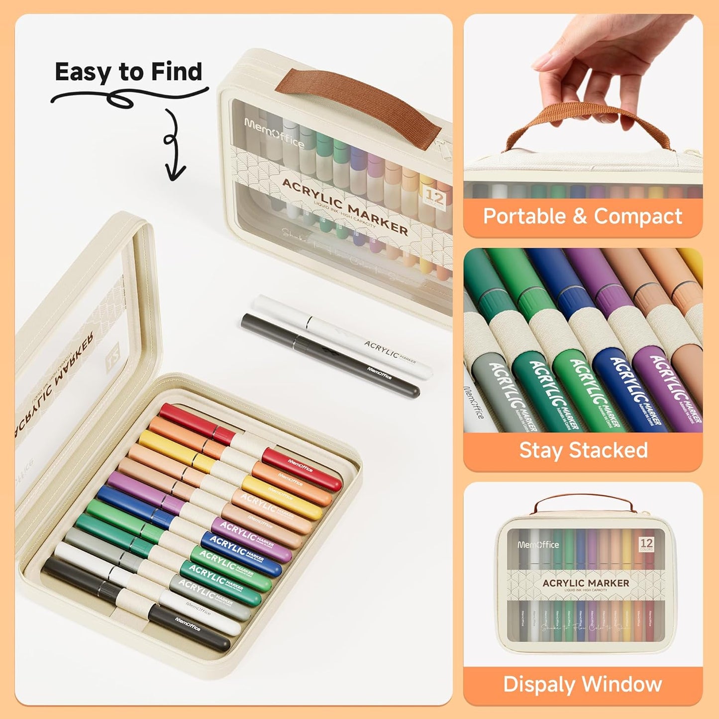 MemOffice Direct Liquid Acrylic Paint Markers, 12 Colors Brush Tip Pens with Carrying Case, No Bleed, Waterproof, for Rock, Wood, Canvas, Glass, Fabric, DIY Crafts for Adults & Kids