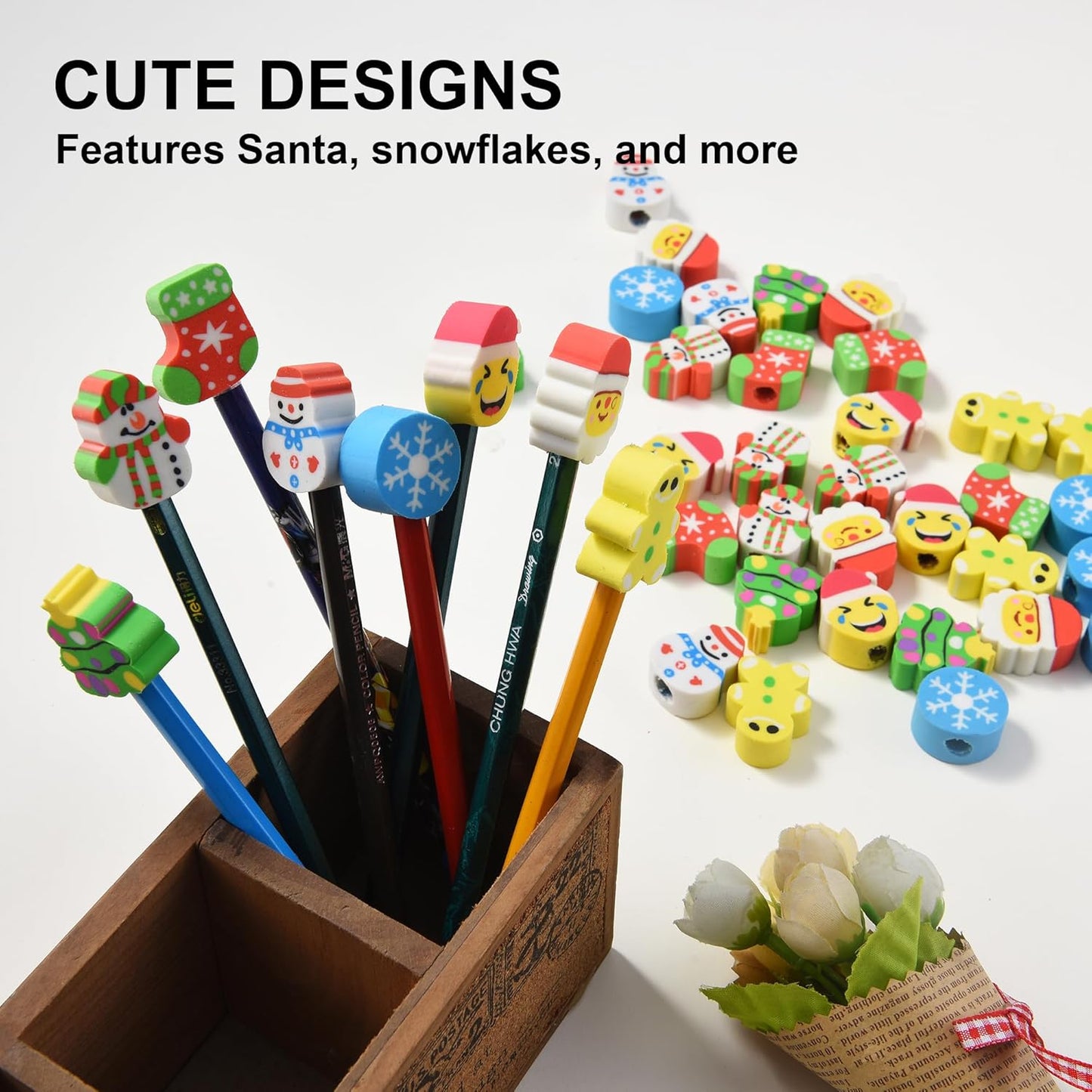 HILAZA 42Pcs Christmas Pencil Top Erasers for Kids Bulk, Cute Eraser Toppers Pencil Cap Erasers for Stocking Stuffers Goodie Bags Stuffers Holiday Party Favors