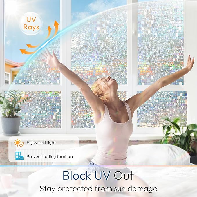 rabbitgoo Window Privacy Film Rainbow Window Film, Mosaic Decorative Stained Glass Cling, Removable Static Cling Tint UV Blocking, Non-Adhesive Privacy Covering, 17.5 x 118.1 inches