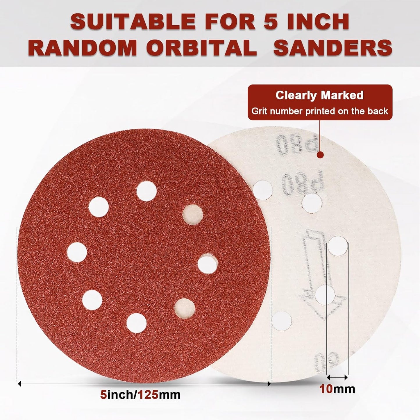 165 PCS 5 Inch Sanding Discs, 8 Hole Hook and Loop Round Sandpaper 40/60/80/120/180/240/320/400/600 Grits for Random Orbital Sander