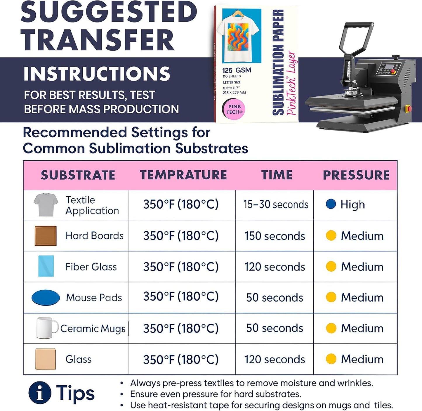Hayes PinkTech Sublimation Paper 8.5x11 Inch 110 Sheets 125gsm for Inkjet Printer Epson Canon Sawgrass Heat Transfer Paper Works with Sublimation Ink for T-Shirts Mugs Tumblers Sublimation Blanks