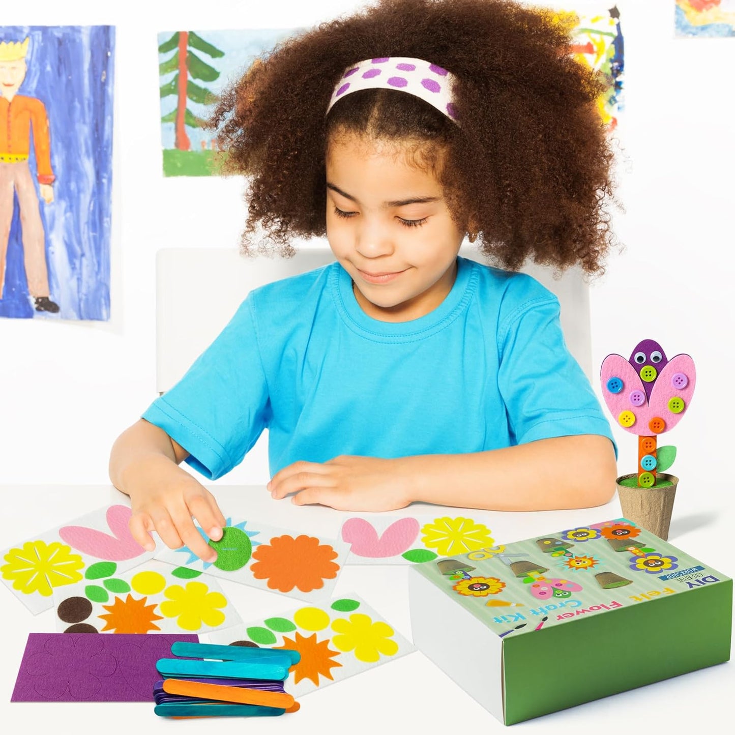 WATINC Mother's Day Spring Felt Flower Craft Kits - Make Your Standing Flowers Gift Crafts with Buttons Flower Pot Decor, DIY Flowers Decorations Home School Fun Activities for Mom Kids (24Pcs)