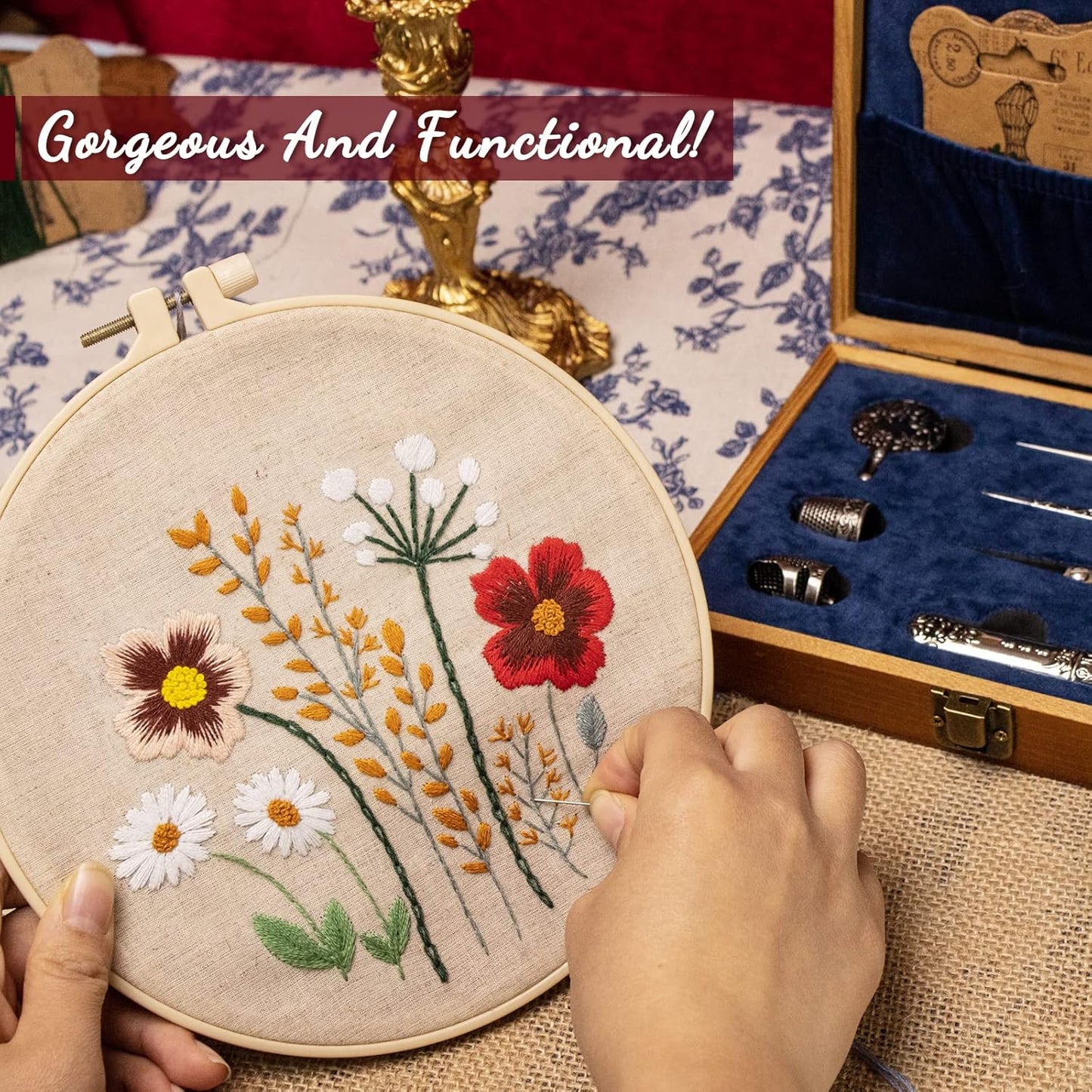 Vintage Embroidery Scissors Kit, Victorian Needlework Gift Set with Antique Shear, Thread Cutter, Thimbles, Needles, Awl, Bodkin, Winding Board for Sewing, Knitting, Cross Stitch, Quilting