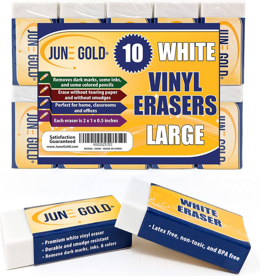 June Gold 10 Large White Vinyl Erasers - Heavy-Duty Eraser for Darker Graphite, Some Inks, and Some Colors