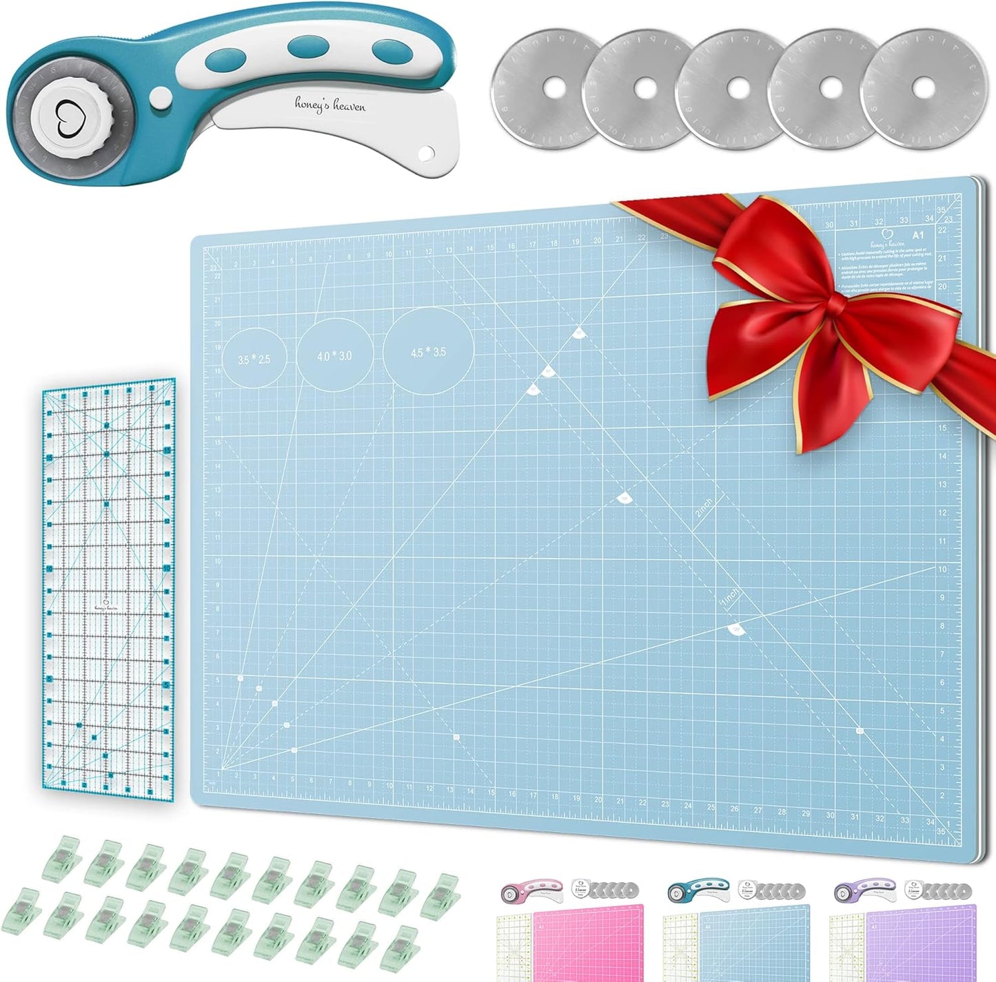 Rotary Cutter Set - Quilting Kit incl. 45mm Fabric Cutter, 5 Replacement Blades - Ideal for Crafting, Sewing, Patchworking, Crochet & Knitting (Turquoise, Cutting Mat Set (36" x 24"))