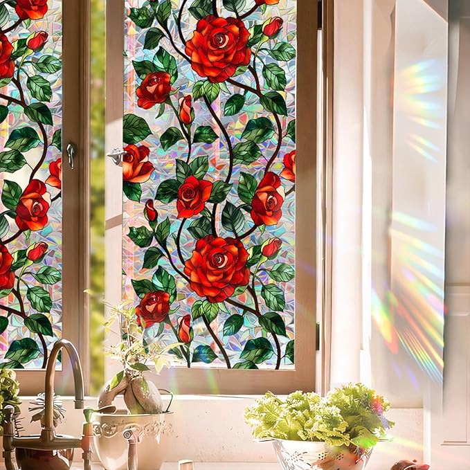 Stained Glass Window Film, Rose Floral Privacy UV Resistant, Removable Static Cling Rainbow Window Decals, Sun Blocking Decor for Bedroom Living Room, 16.93x78.74 Inch