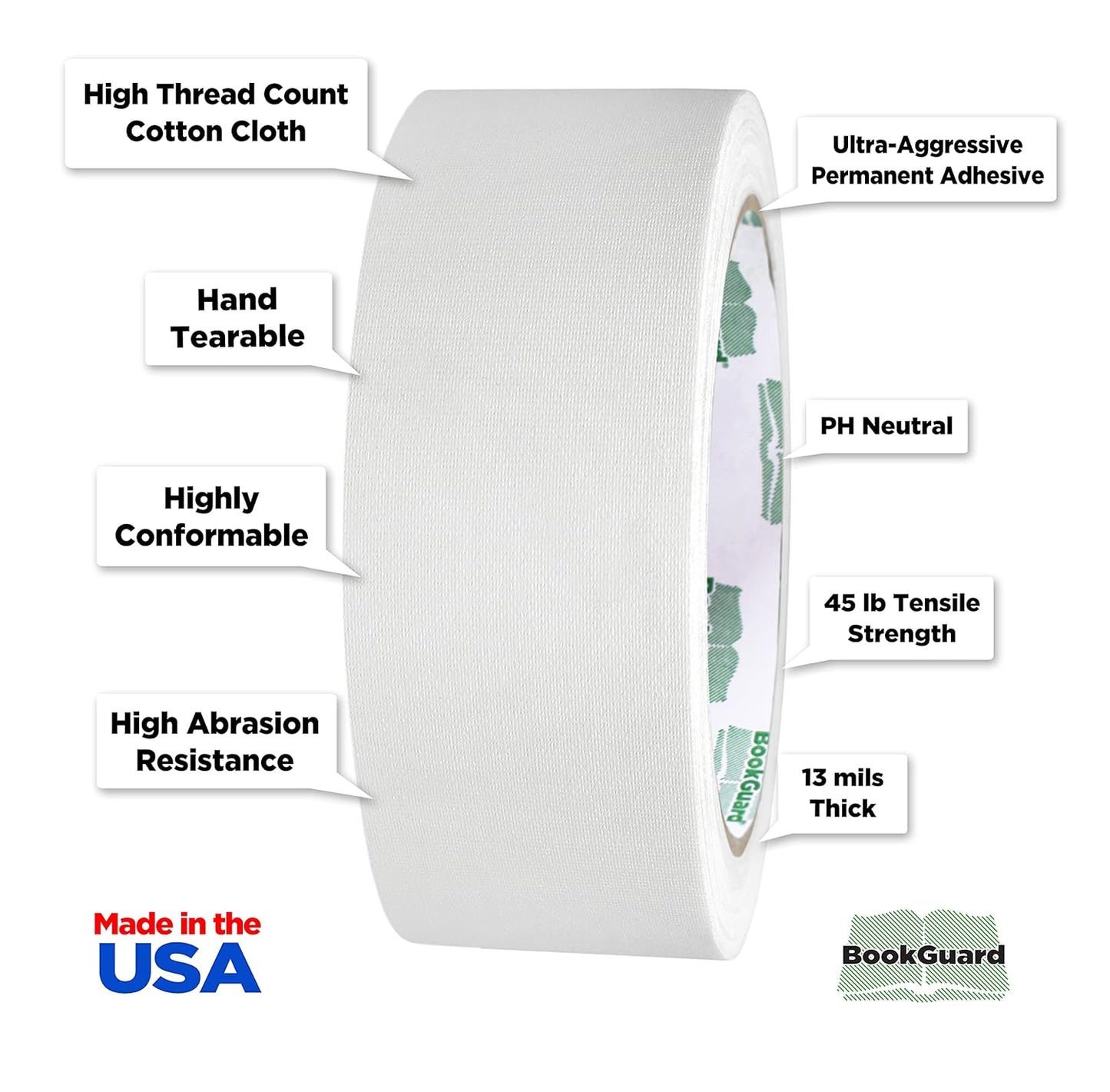 BookGuard 1-1/2 Inch Vinyl-Coated Cotton Cloth Bookbinding Repair Tape, 15 Yard Roll, White